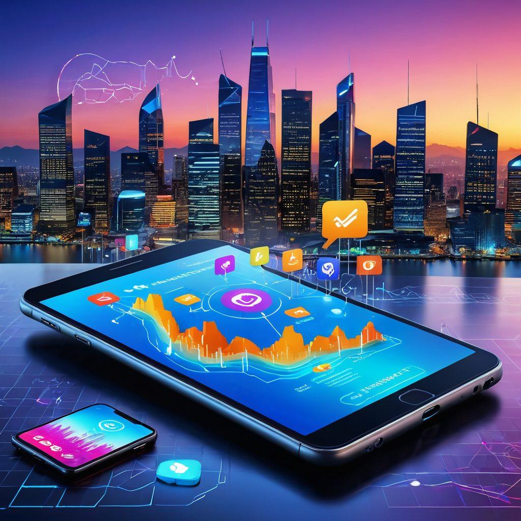 A visually striking digital landscape featuring a modern mobile device displaying secure transaction icons, surrounded by vibrant graphs and charts symbolizing business growth. In the background, a futuristic city skyline represents innovation and progress, with abstract digital elements and locks signifying security. The overall ambiance is bright and engaging, inviting viewers to explore the possibilities of digital transactions. super-realistic. vibrant colors. 3D.