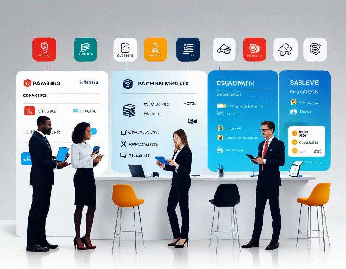 A sleek and modern business environment showcasing seamless payment transactions. Visuals include diverse people engaging with various attractive payment solutions, such as mobile wallets, contactless cards, and online apps. Incorporate vibrant digital graphics representing transaction flow and currency symbols, all set against a clean, inspiring backdrop. super-realistic. vibrant colors. white background.