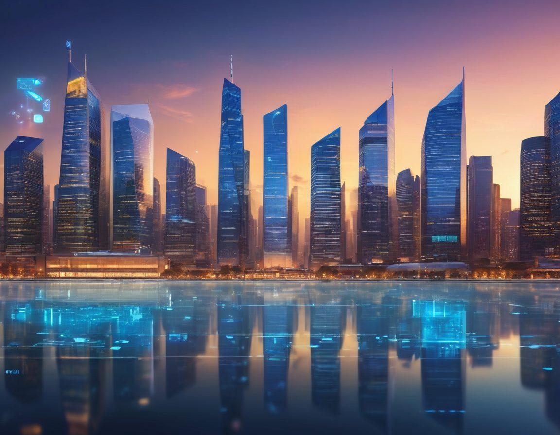 A futuristic city skyline at dusk with digital payment symbols floating in the air, showcasing various payment gateways like credit cards, digital wallets, and QR codes. People interacting with screens displaying payment transactions, reflecting convenience and innovation in fintech. Soft golden and blue hues illuminating the scene, creating a warm yet modern atmosphere. super-realistic. vibrant colors.